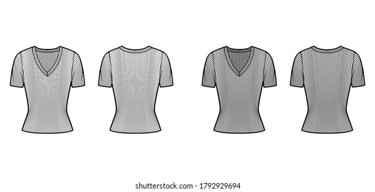Ilustración técnica de la moda del suéter de cuello V con mangas cortas de costilla, forma de ajuste cercano. Plantilla de prendas de vestir planas delantera, color gris negro. Mujeres, hombres, camiseta unisex top mockup