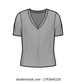Ribbed V-neck knit sweater technical fashion illustration with short rib sleeves, oversized body. Flat outwear apparel template front, grey color. Women, men unisex shirt top CAD mockup