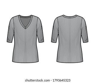Ribbed V-neck knit sweater technical fashion illustration with elbow sleeves, oversized body, tunic length. Flat outwear apparel template front, back grey color. Women, men unisex shirt top CAD mockup