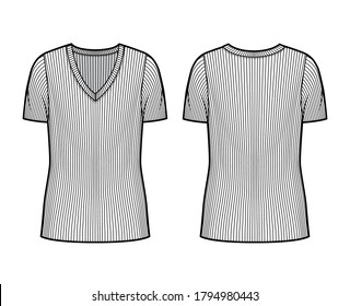 Ribbed V-neck knit sweater technical fashion illustration with short rib sleeves, oversized body tunic length. Flat outwear apparel template front back white color. Women men unisex shirt top mockup