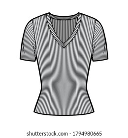 Ribbed V-Nacken Strickpullover technische Mode-Illustration mit kurzen Rippenärmeln, Nahform. Flaches Outwear-Kleidungsstück vorne, graue Farbe. Frauen, Männer, Unisex-Shirt, oben CAD-Modell nach oben