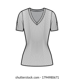 Ribbed V-neck knit sweater technical fashion illustration with short rib sleeves, tunic length. Flat outwear apparel template front, white color. Women, men, unisex shirt top CAD mockup