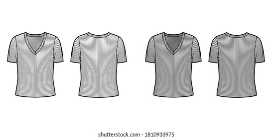 Ribbed V-neck knit sweater technical fashion illustration with short rib sleeves, oversized body. Flat outwear apparel template front, back white grey color. Women, men unisex shirt top CAD mockup