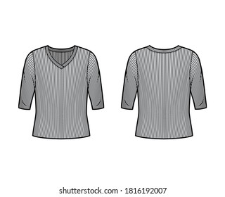 Ribbed V-neck knit sweater technical fashion illustration with elbow sleeves, oversized body. Flat outwear apparel template front, back grey color. Women, men unisex shirt top CAD mockup