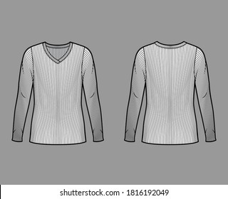 Ribbed V-neck knit sweater technical fashion illustration with long sleeves, oversized body, tunic length. Flat outwear apparel template front back white color. Women men unisex shirt top CAD mockup