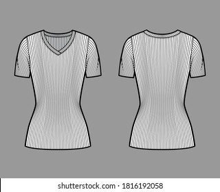Ribbed V-neck knit sweater technical fashion illustration with short rib sleeves, tunic length. Flat outwear apparel template front, back white color. Women, men, unisex shirt top CAD mockup
