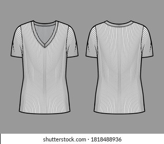 Ribbed V-neck knit sweater technical fashion illustration with short rib sleeves, oversized body tunic length. Flat outwear apparel template front back white color. Women men unisex shirt top mockup