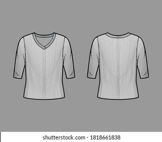 Ribbed V-Nacken Strickpullover technische Mode-Illustration mit Ellenbogen-Ärmeln, übergroße Körper. Flaches Outwear-Kleidungsstück vorne, schwarz-weiß. Frauen, Männer Unisex-Shirt Top-CAD-Modell nach oben