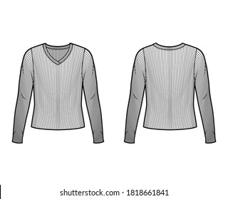 Ribbed V-neck knit sweater technical fashion illustration with long sleeves, oversized body. Flat outwear apparel template front back white color. Women men unisex shirt top CAD mockup