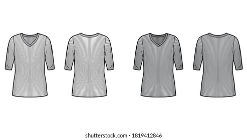 Ribbed V-neck knit sweater technical fashion illustration with elbow sleeves, oversized body, tunic length. Flat outwear apparel template front, back white grey color. Women, men unisex shirt top CAD