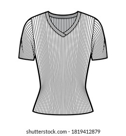 Ribbed V-neck knit sweater technical fashion illustration with short rib sleeves, close-fitting shape. Flat outwear apparel template front, white color. Women, men, unisex shirt top CAD mockup
