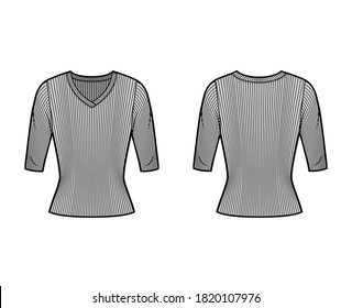 Ilustración técnica de la moda del suéter de cuello V con lazo de codo, forma de ajuste cercano. Funda de ropa de vestir plana de color gris de espalda delantero. Mujeres, hombres unisex camiseta top CAD mockup