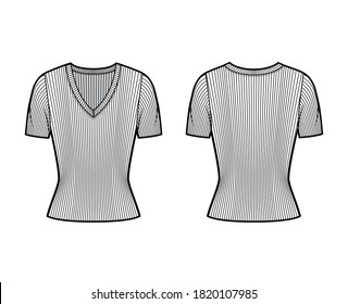 Ribbed V-neck knit sweater technical fashion illustration with short rib sleeves, close-fitting shape. Flat outwear apparel template front, back white color. Women, men, unisex shirt top CAD mockup