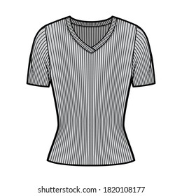 Ribbed V-neck knit sweater technical fashion illustration with short rib sleeves, close-fitting shape. Flat outwear apparel template front, grey color. Women, men, unisex shirt top CAD mockup