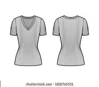 Ribbed V-neck knit sweater technical fashion illustration with short rib sleeves, tunic length. Flat outwear apparel template front, back white color. Women, men, unisex shirt top CAD mockup