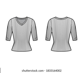 Ribbed V-Nacken Strickpullover technische Mode-Illustration mit Ellenbogen-Ärmeln, Nahform. Flaches Outwear-Bekleidungs-Template vorne weiß hinten. Frauen, Männer Unisex-Shirt Top-CAD-Modell nach oben