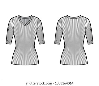 Ilustración técnica de la moda del suéter de cuello V con lazo de codo, forma ajustada, longitud túnica. Plantilla de ropa de vestir plana de color blanco trasero delantero. Hombres mujeres unisex top CAD mockup