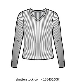 Ribbed V-neck knit sweater technical fashion illustration with long sleeves, oversized body. Flat outwear apparel template front white color. Women men unisex shirt top CAD mockup