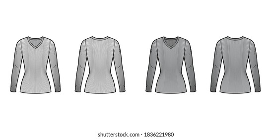 Ribbed V-neck knit sweater technical fashion illustration with long sleeves, close-fitting shape tunic length. Flat outwear apparel template front back white grey color. Women men unisex shirt top CAD