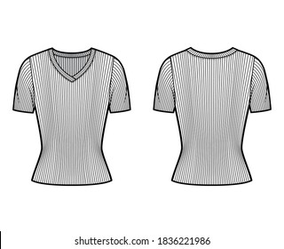 Ribbed V-neck knit sweater technical fashion illustration with short rib sleeves, close-fitting shape. Flat outwear apparel template front, back white color. Women, men, unisex shirt top CAD mockup