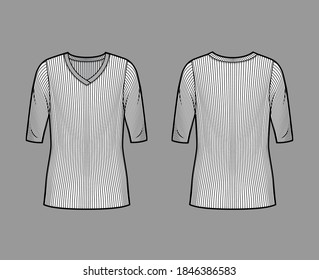 Ribbed V-neck knit sweater technical fashion illustration with elbow sleeves, oversized body, tunic length. Flat outwear apparel template front, back white color. Women, men unisex shirt top mockup