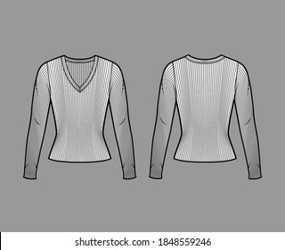 Ilustración técnica de la moda del suéter de cuello V con mangas largas, forma de ajuste cercano. Delantera de la plantilla de ropa de vestir para ropa de vestir plana, color blanco trasero. Mujeres hombres, camiseta unisex top CAD mockup
