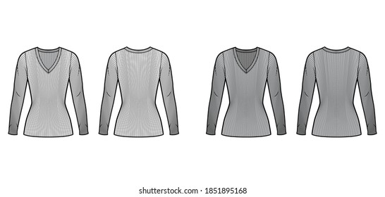 Ribbed V-neck knit sweater technical fashion illustration with long sleeves, close-fitting shape tunic length. Flat outwear apparel template front back white grey color. Women men unisex shirt top CAD