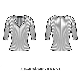 Ribbed V-Nacken Strickpullover technische Mode-Illustration mit Ellenbogen-Ärmeln, Nahform. Flaches Outwear-Bekleidungs-Template vorne weiß hinten. Frauen, Männer Unisex-Shirt Top-CAD-Modell nach oben
