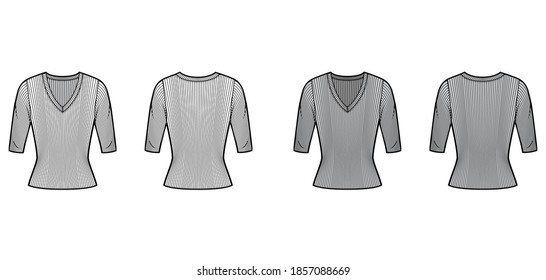 Ilustración técnica de la moda del suéter de cuello V con lazo de codo, forma de ajuste cercano. Plantilla de ropa de vestir plana de color gris blanco delantero. Mujeres, hombres unisex camiseta top CAD mockup