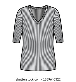 Ribbed V-neck knit sweater technical fashion illustration with elbow sleeves, oversized body, tunic length. Flat outwear apparel template front, grey color. Women, men unisex shirt top CAD mockup