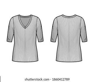 Ribbed V-neck knit sweater technical fashion illustration with elbow sleeves, oversized body, tunic length. Flat outwear apparel template front, back white color. Women, men unisex shirt top mockup