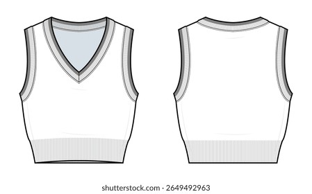 Camisola com nervuras V-Neck Camisola Técnica de Moda Ilustração. Modelo de vetor de colete de malha sem mangas. Vista frontal e traseira. Estilo Unisex Preppy. Montagem CAD.