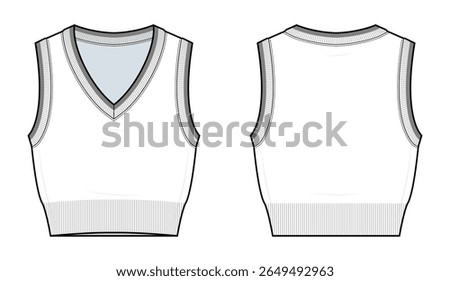 Ribbed V-Neck Sweater Vest Technical Fashion Illustration. Sleeveless Knit Pullover Vest Vector Template. Front and Back View. Unisex Preppy Style. CAD Mockup.