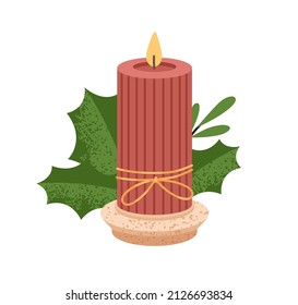 Ribbed wax candle on candlestick with leaf. Modern eco decoration. Decorative glowing candlelight taper with flame. Cosy romantic handmade pillar. Flat vector illustration isolated on white background