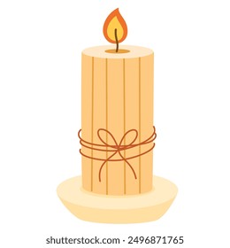 Ribbed wax candle on candlestick with leaf. Modern eco decoration. Decorative glowing candlelight taper with flame. Cosy romantic handmade pillar. Flat vector illustration isolated on white background