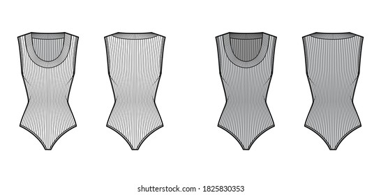 Ribbed-knit bodysuit technical fashion illustration with scooped neckline, sleeveless, medium-coverage briefs. Flat outwear one-piece template front back white grey color. Women men unisex shirt top