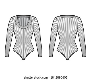 Ribbed-knit bodysuit technical fashion illustration with scooped neckline, long sleeves, medium-coverage briefs. Flat outwear one-piece template front back white color. Women men unisex shirt top