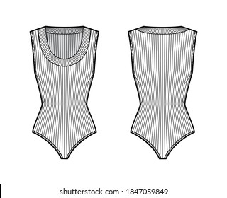 Ribbed-knit bodysuit technical fashion illustration with scooped neckline, sleeveless medium-coverage briefs. Flat outwear one-piece apparel template front back white color. Women men unisex shirt top
