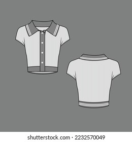 Ribber Polo Collar Crop top button panel Tipping rib hem cropped  fashion flats sketch template