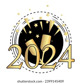 Ribbon with 2024 and Happy New Year text. Banner template. Black and gold label sticker on white background. Sign.