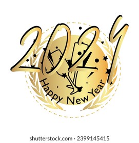 Ribbon with 2024 and Happy New Year text. Banner template. Black and gold label sticker on white background. Sign.