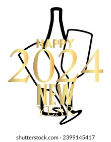 Ribbon with 2024 and Happy New Year text. Banner template. Black and gold label sticker on white background. Sign.