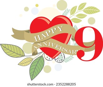 ribbon 9th happy anniversary vector illustration,good for celebration,anniversary party,birthday,ceremony,ground breaking,soft opening,grand opening,office, factory,couple,wedding,valentine,graduation
