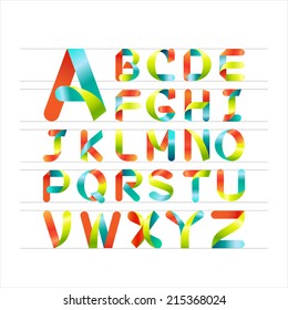 Ribbon Alphabet Colorful Font, Capital Letter A, B, C, D, E, F, G, H, I, J, K, L, M, N, O, P, Q, R, S, T, U, V, W, X, Y, Z. Vector Illustration.