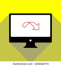 Ribbon arrow icon. Vector. Red icon on white monitor of black all-in-one desktop computer with two shadows at yellow background.