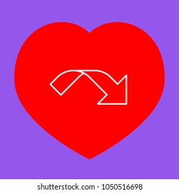 Ribbon arrow icon. Vector. White icon in red heart at lavender background.