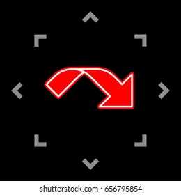 Ribbon arrow icon. Vector. White icon in gray focus like mandala on black background.