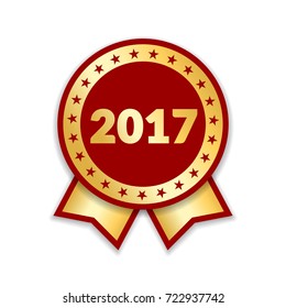 Ribbon award best product of year 2017. Gold ribbon award icon isolated white background. Best product golden label for prize, badge, medal, guarantee quality product Vector illustration
