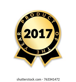 Ribbon award best product of year 2017. Gold ribbon award icon isolated white background. Best product golden label for prize, badge, medal, guarantee quality product Vector illustration