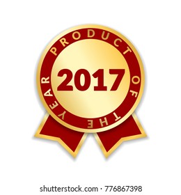 Ribbon award best product of year 2017. Gold ribbon award icon isolated white background. Best product golden label for prize, badge, medal, guarantee quality product Vector illustration